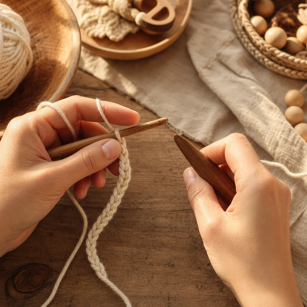 Two hands demonstrating pencil and knife crochet grip styles on a wooden table with cream yarn and wooden hooks, warm natural lighting