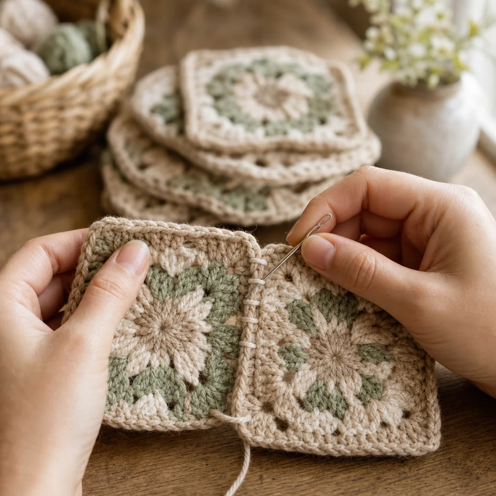 Hands using a yarn needle to whip stitch two granny square edges together through back loops