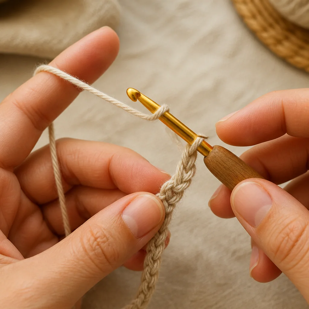 Close-up of hands performing a yarn-over motion with a crochet hook, demonstrating the essential technique for making chain stitches.
