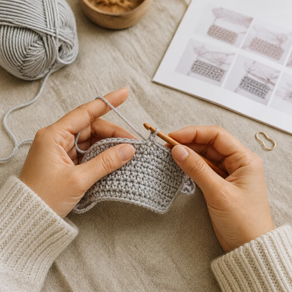 Hands crocheting with gray yarn following a pattern, with a stitch marker and printed instructions visible