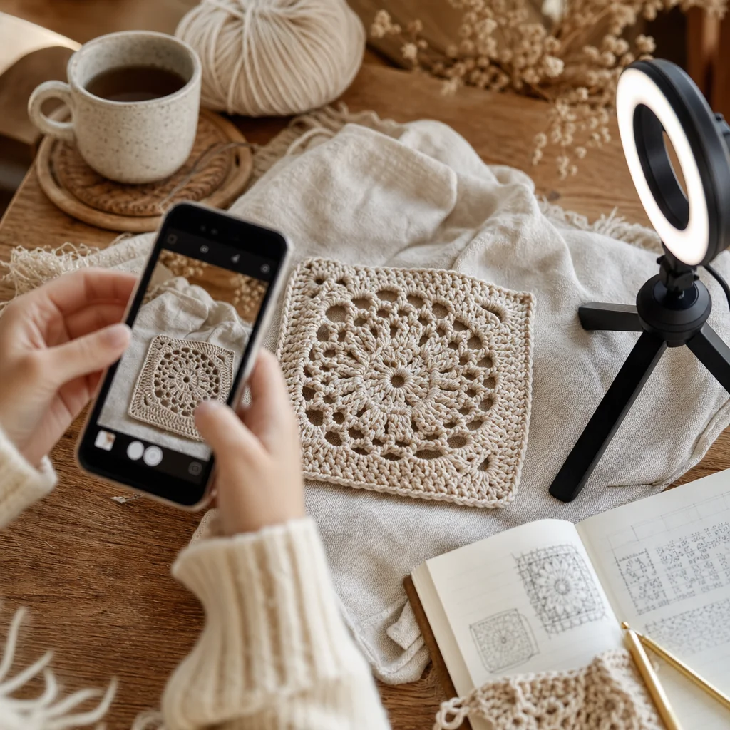 A crochet maker photographing a finished piece with a small ring light for an online listing