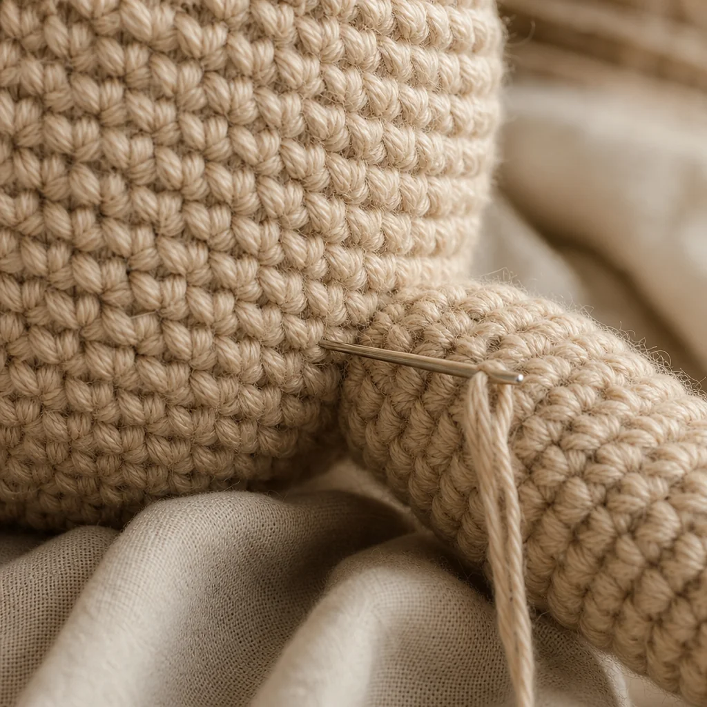 Close-up of a yarn needle weaving through matching amigurumi stitches to create a nearly invisible mattress stitch seam