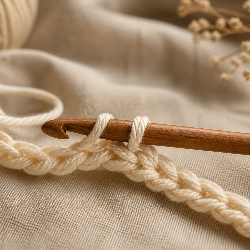 Gros plan d'un crochet piqué dans la deuxième maille en chaînette, montrant deux boucles sur le crochet pendant une maille serrée