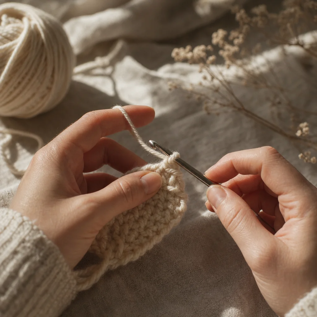 Hands using a crochet hook to work a slip stitch with pale cream yarn on a linen background