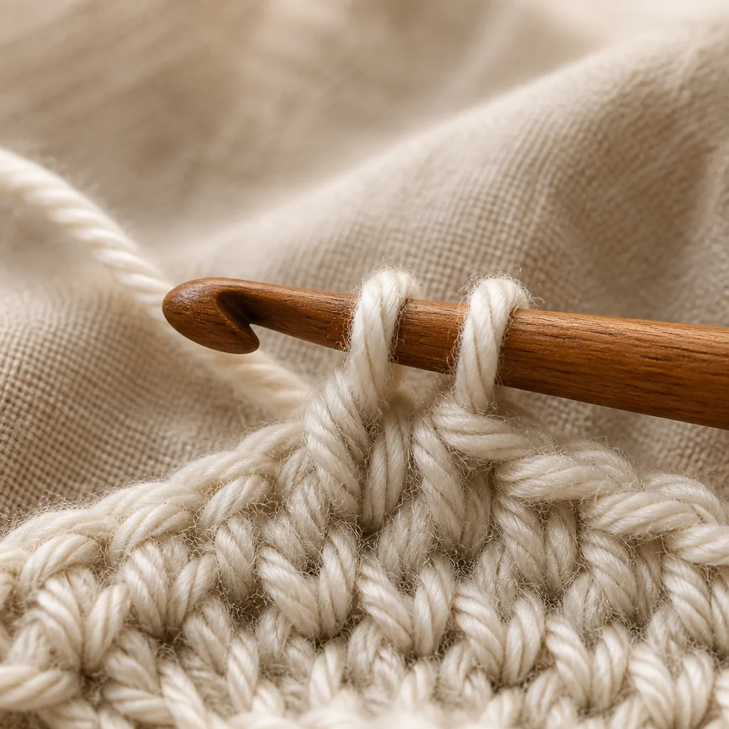 Close-up of a crochet hook with two yarn overs wrapped around it, ready to be inserted into a stitch for a treble crochet.