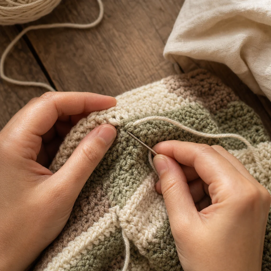 Close-up of a yarn tail being woven diagonally through the back of crochet stitches with a tapestry needle