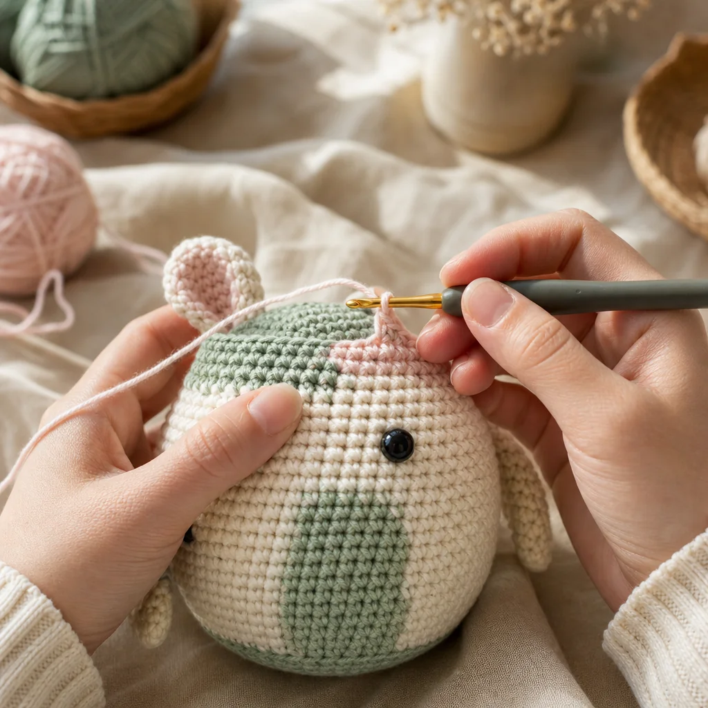 Close-up of hands crocheting an amigurumi piece while changing yarn colors on the hook