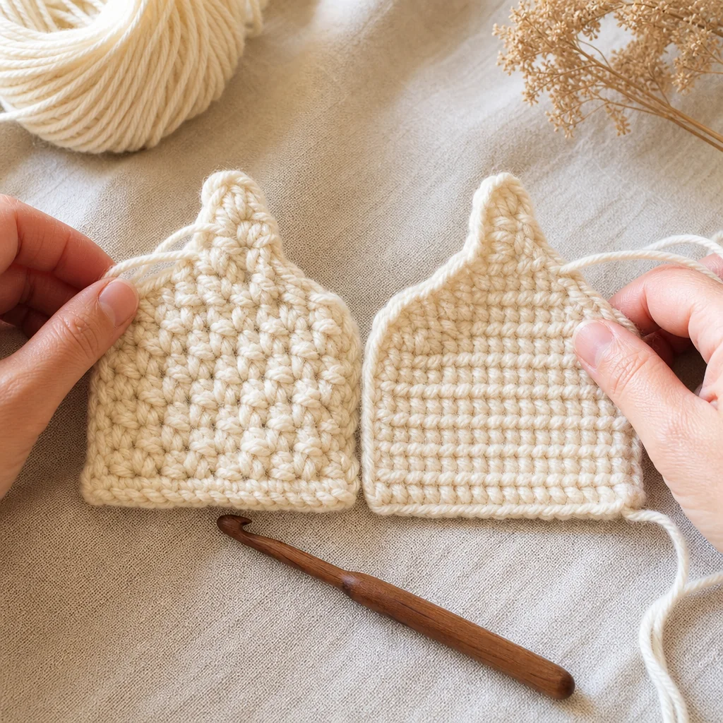 Overhead view of two crochet swatches in cream yarn showing standard decrease with visible bumps on left and invisible decrease with smooth surface on right