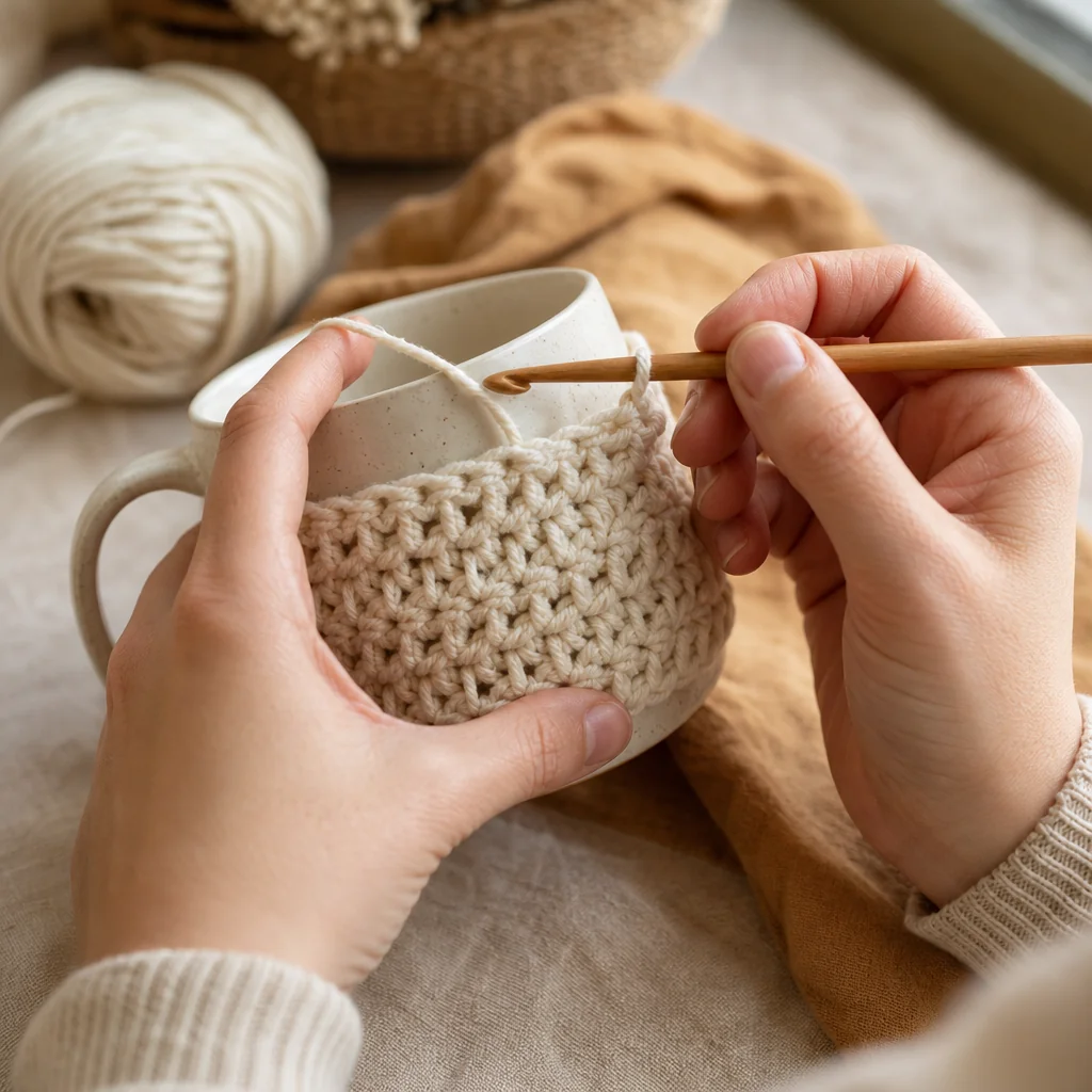 Close-up of hands crocheting a textured coffee mug cozy in cream cotton yarn near a sunlit window