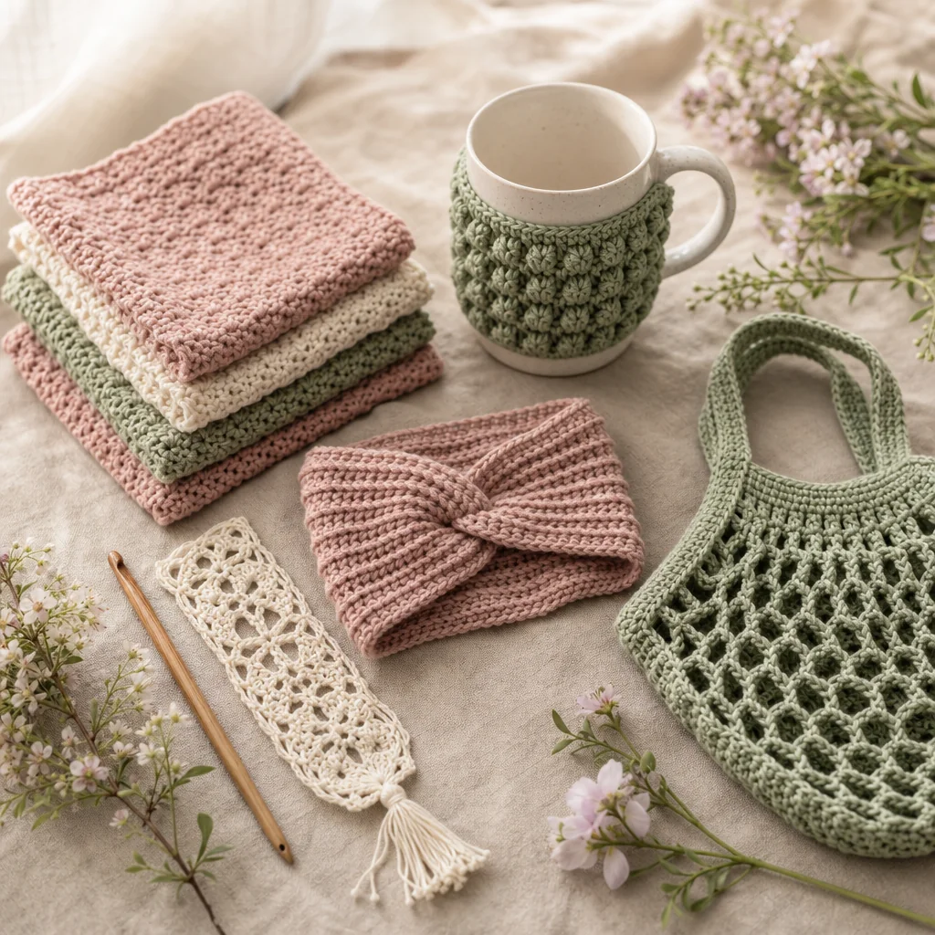Flat lay of handmade crochet Mother's Day gifts including dishcloths, a mug cozy, a headband, a bookmark, and a market bag on a linen tablecloth