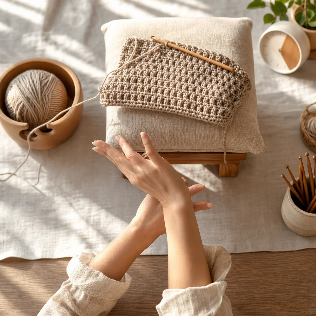 Espace de travail ergonomique pour le crochet avec chaise de soutien, oreiller sur les genoux et positionnement approprié des mains pour crocheter confortablement