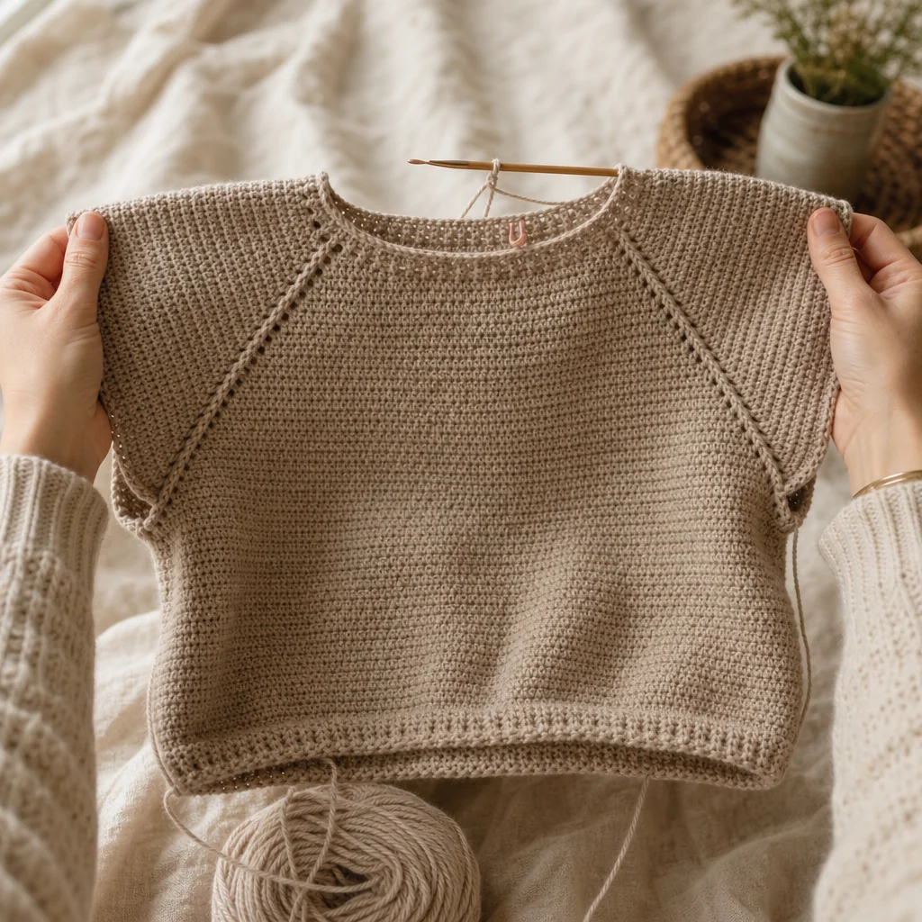 Close-up of hands holding a work-in-progress top-down raglan sweater showing the four raglan increase lines marked with stitch markers in cream colored yarn
