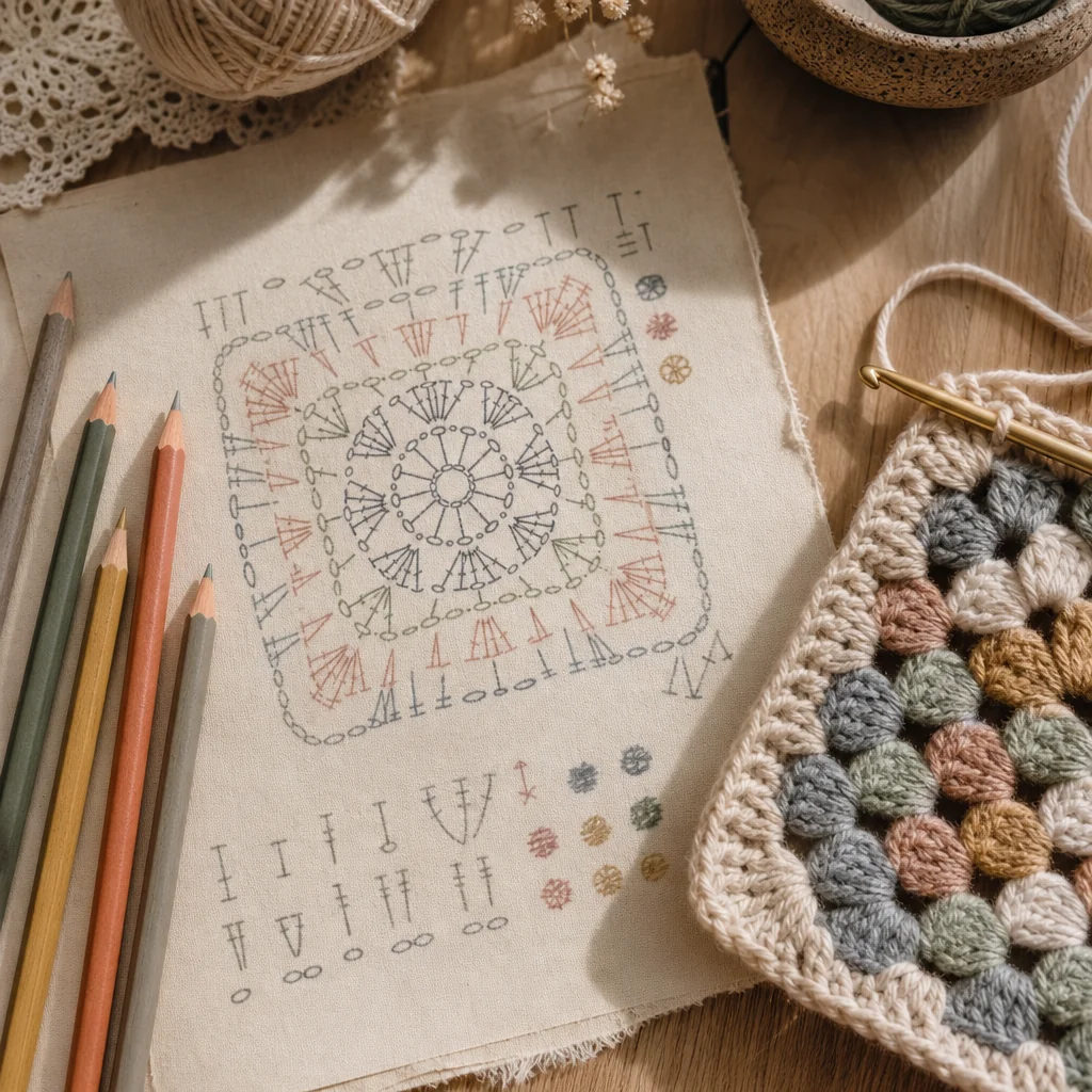A crochet chart on linen paper with a granny square and colored pencils in natural light, representing the process of learning to read patterns