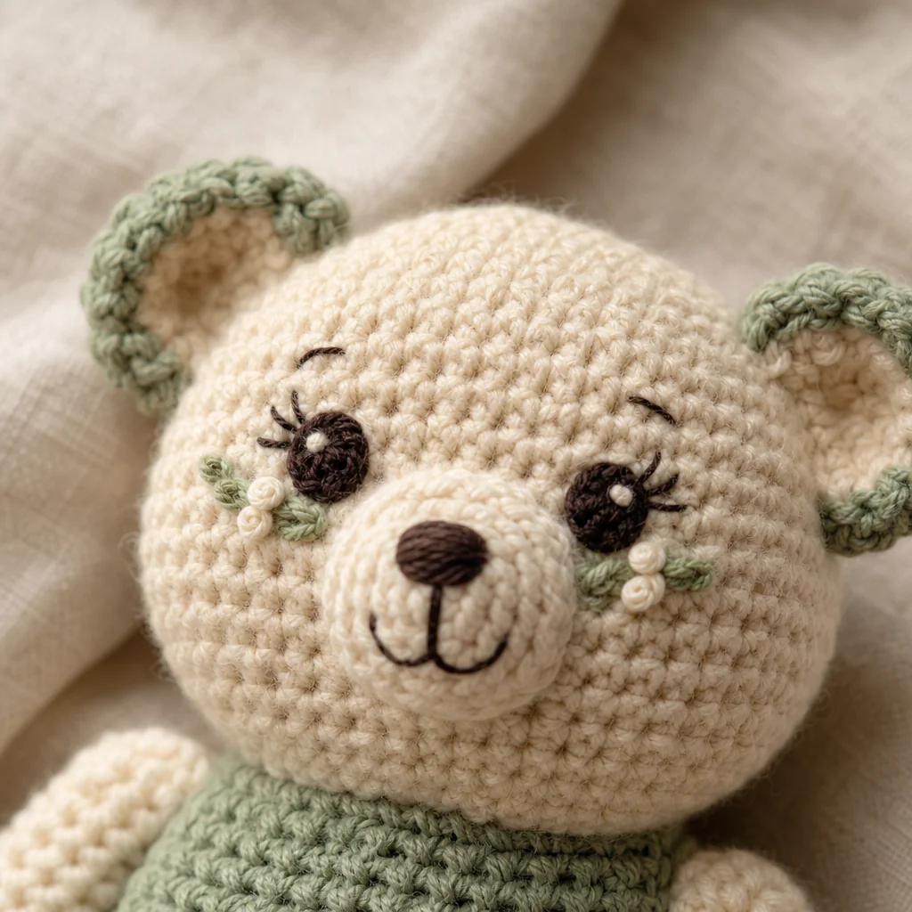 A crocheted amigurumi head with one embroidered eye finished, a threaded tapestry needle resting beside it on linen fabric