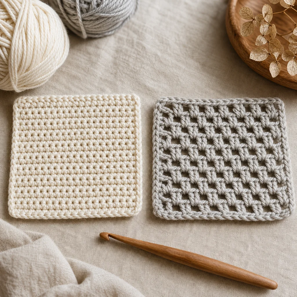 Two crochet fabric swatches displayed side by side showing the texture difference between single crochet and double crochet stitches, with yarn and a crochet hook nearby.
