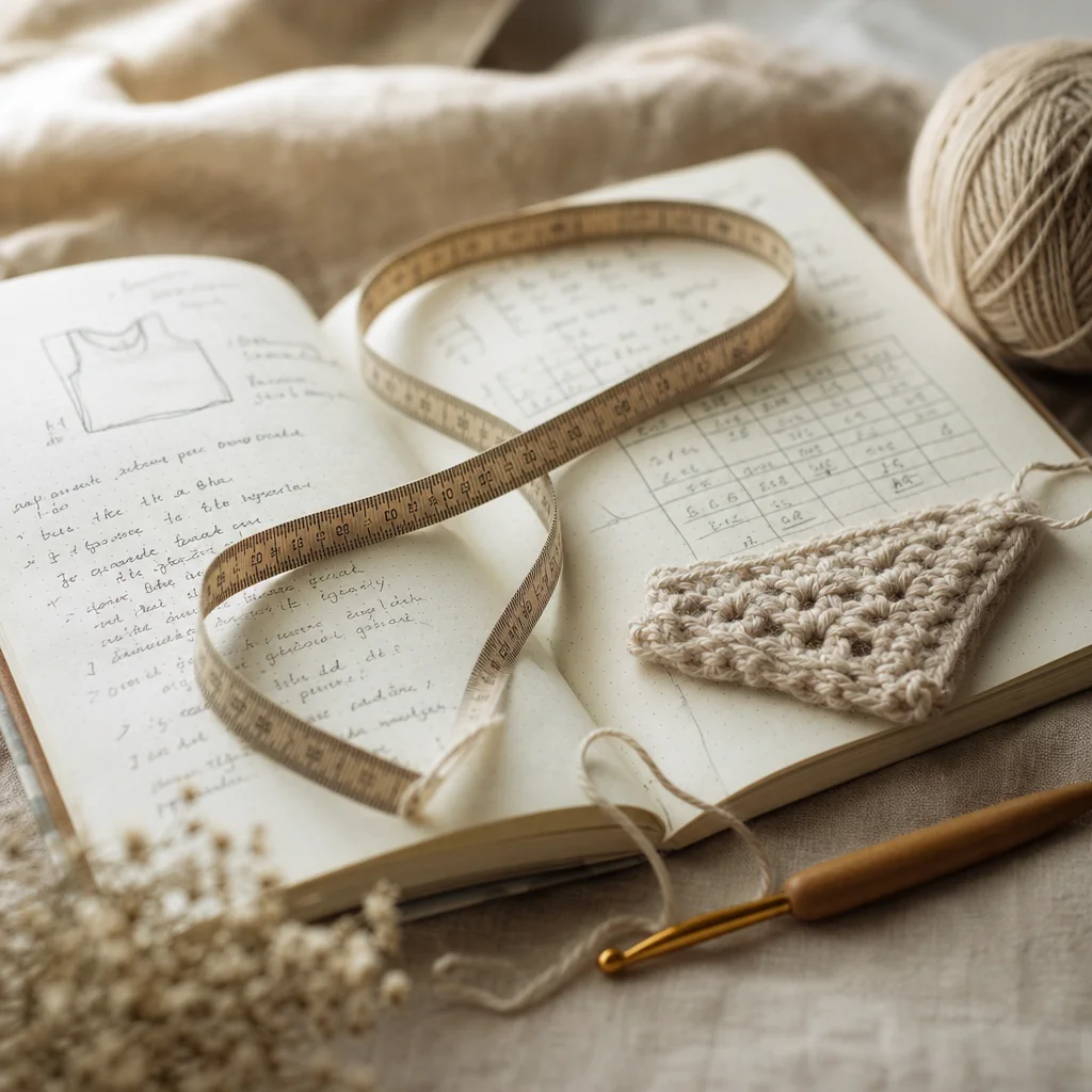 Hands measuring the armhole depth of a crochet garment with a flexible measuring tape during the grading process