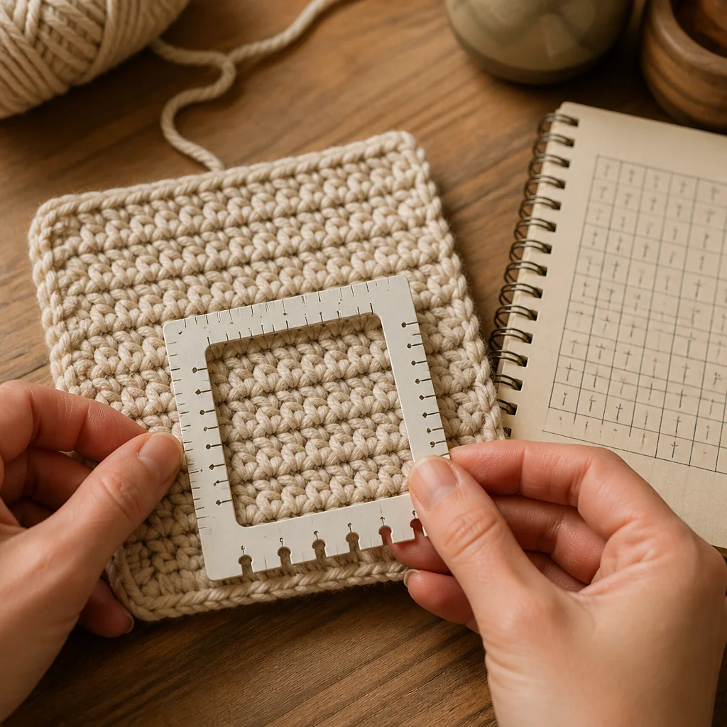 Hands holding a measuring tape against a 10×10 cm gauge swatch with stitch counts noted in a nearby notebook
