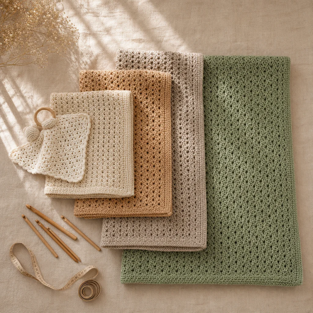 Five crochet blankets arranged by size from smallest baby lovey to largest king throw, displayed on a beige linen surface with measuring tools