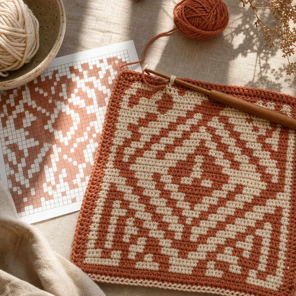 Overhead view of a two-color tapestry crochet project in terracotta and cream on a linen surface with a wooden hook and colorwork chart