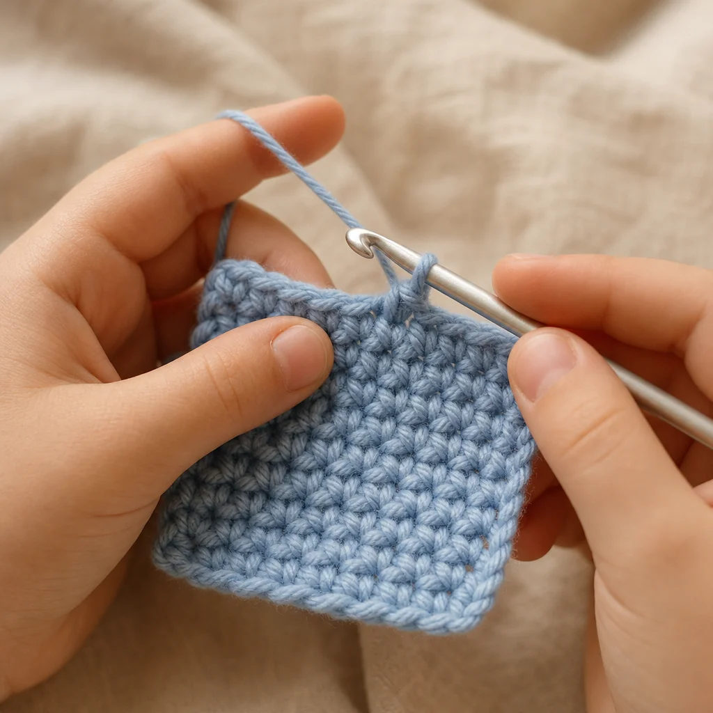 Petites mains tenant de la laine bleu pâle et un crochet en aluminium en crochetant un sous-verre carré bleu légèrement inégal