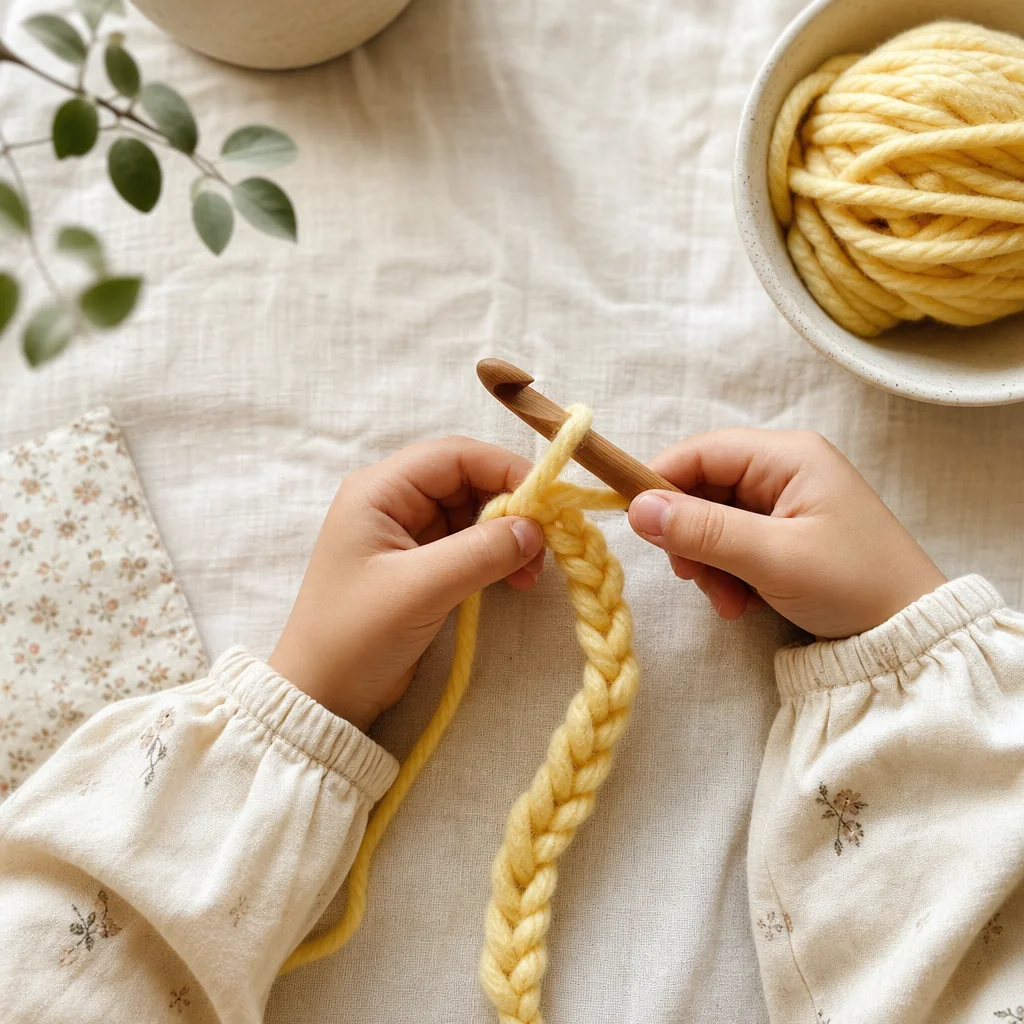 Child's hands crocheting a chain with chunky yellow yarn and a large wooden hook on a cream linen surface