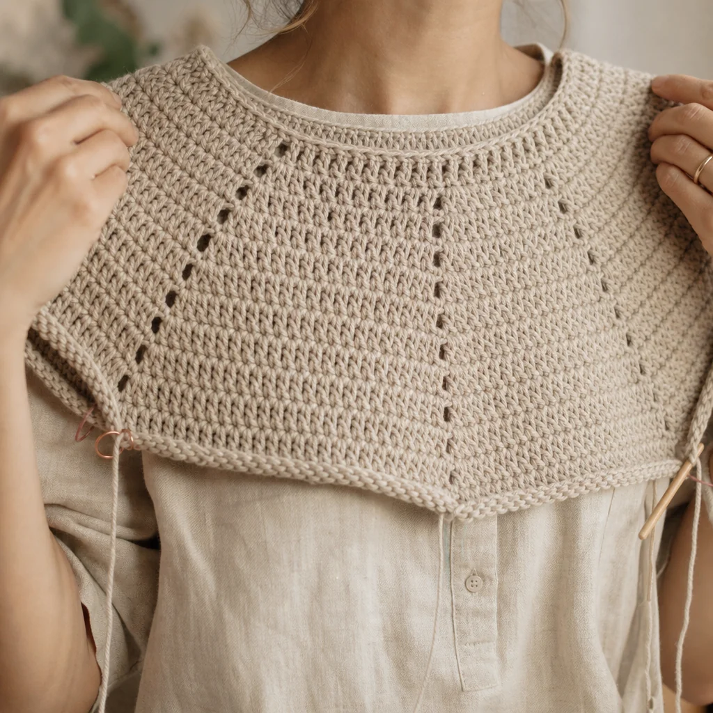 Overhead view of hands crocheting a beige sweater yoke showing raglan increase lines and work in progress