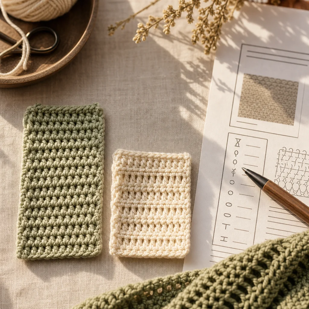Two crocheted swatches on linen showing height comparison between US and UK stitches, with a crochet pattern and pen nearby highlighting the abbreviation key