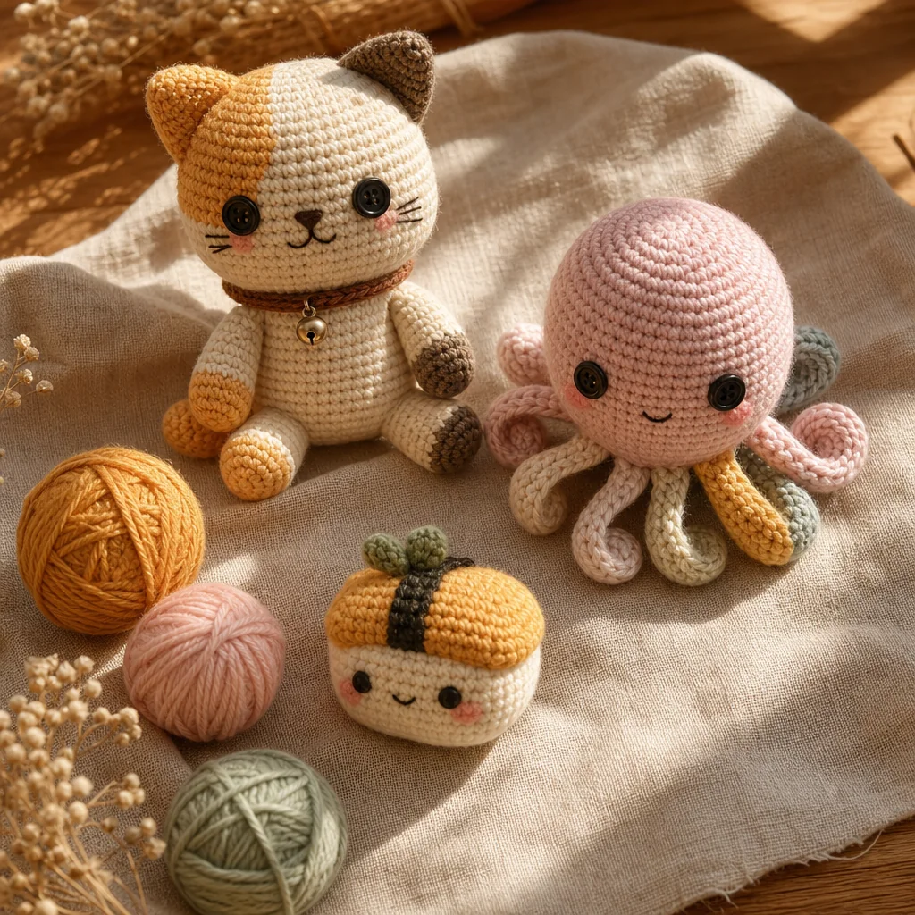 Collection of handmade amigurumi crochet toys including a bear, octopus, and frog arranged with yarn and a crochet hook on linen fabric