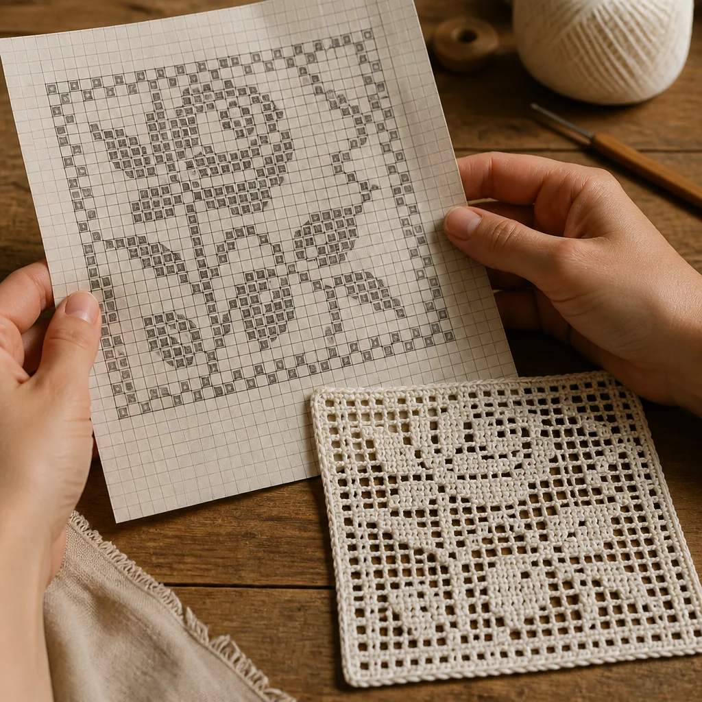 Close-up of hands holding a filet crochet chart on graph paper beside a white cotton gauge swatch on a wooden table