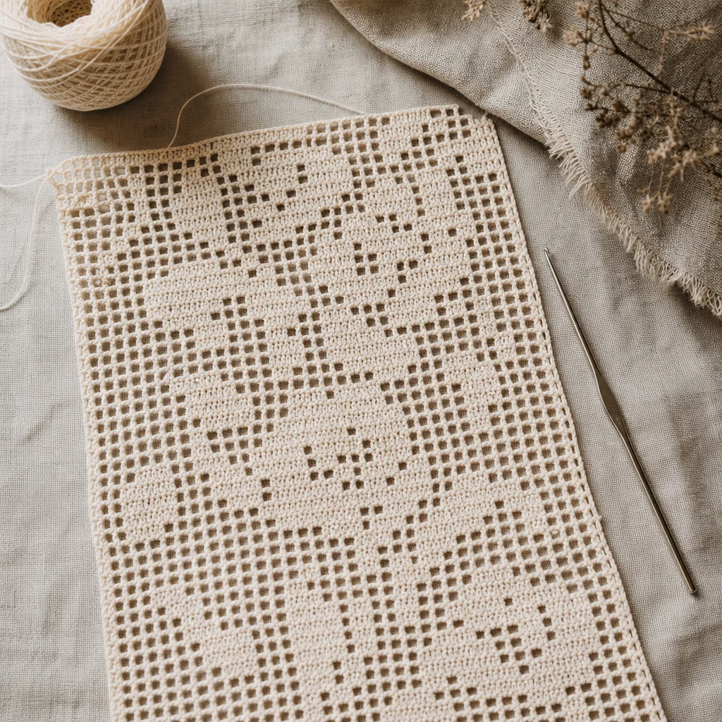 Overhead view of a filet crochet panel in ecru thread showing a floral motif with open mesh and filled blocks, steel hook resting alongside on a linen surface