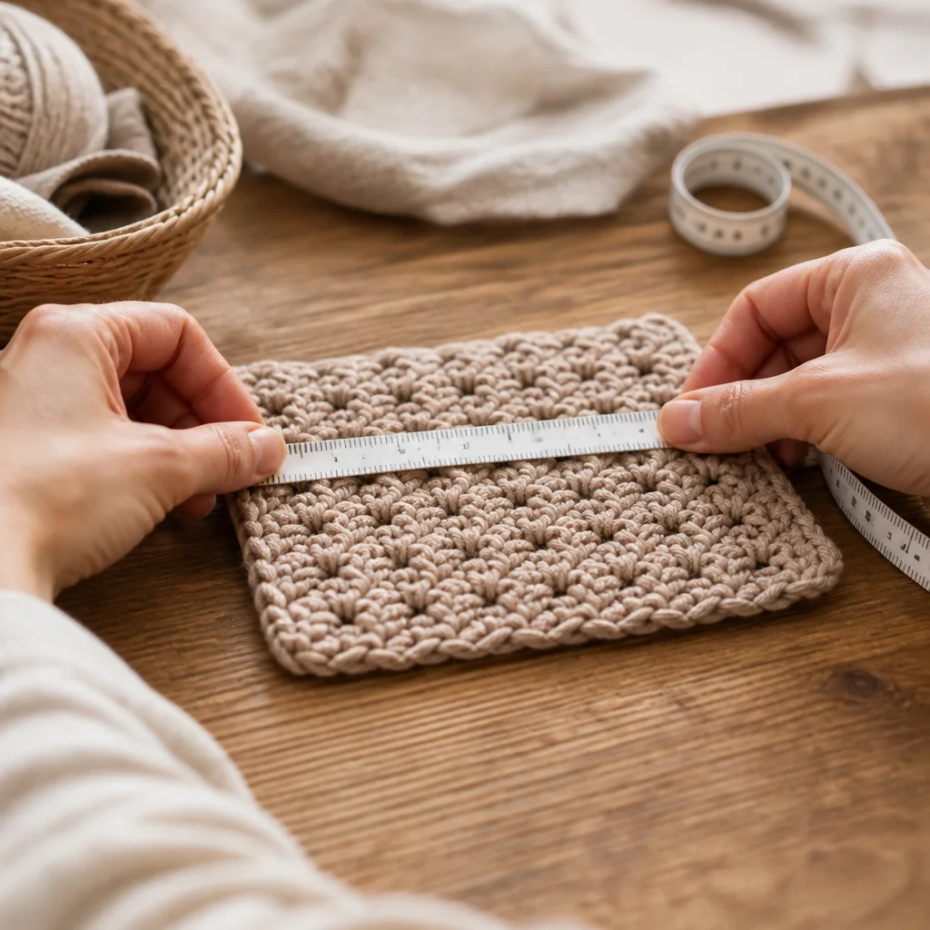 Hands measuring a crochet swatch with a tape measure laid flat across the stitches to check gauge.