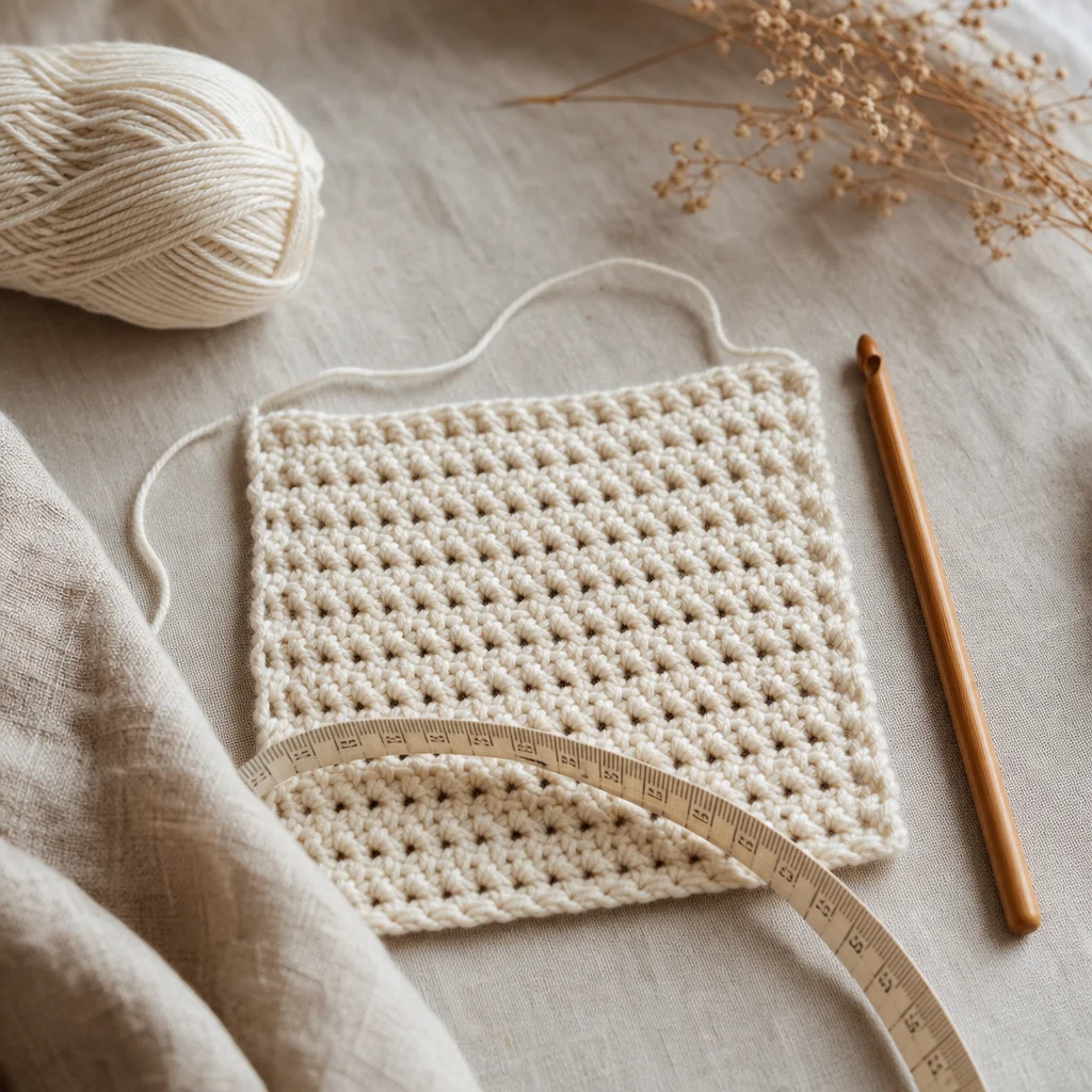 A crochet gauge swatch in cream yarn lying flat on linen next to a wooden hook and a measuring tape.
