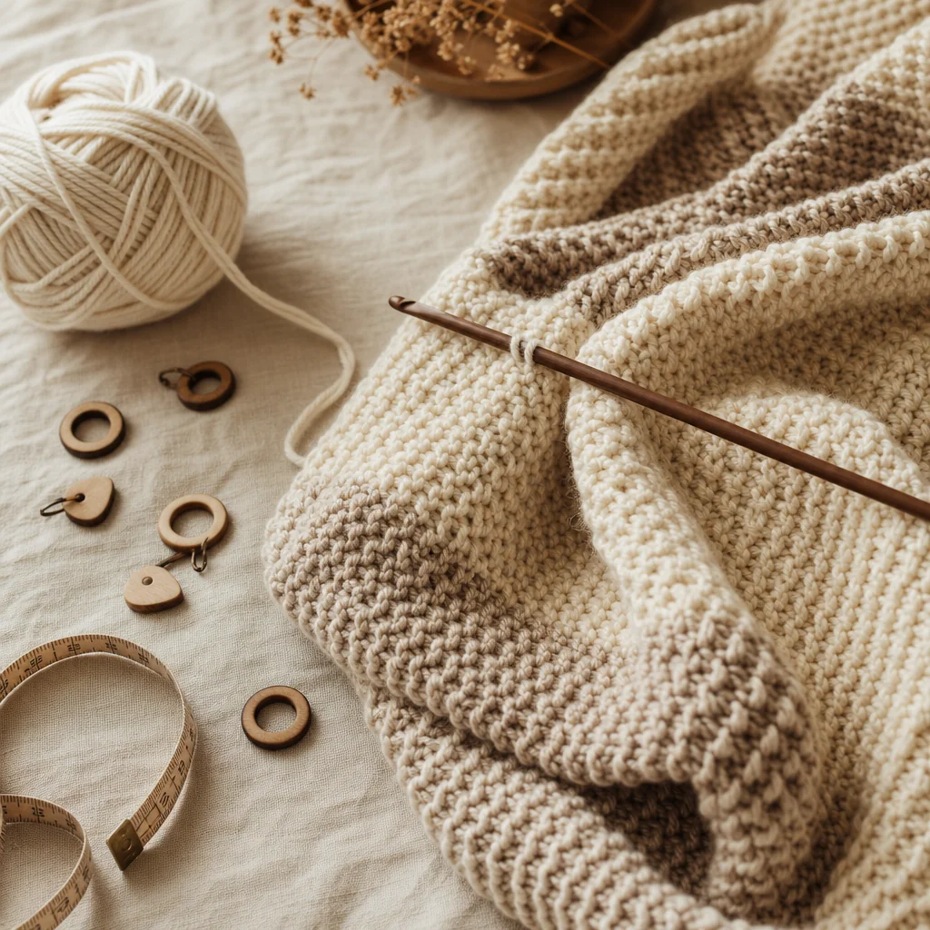 Close-up of hands working Tunisian crochet forward pass with multiple loops on hook and visible vertical bars in cream yarn