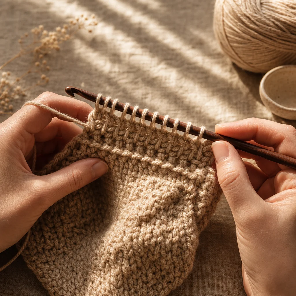 Tunisian crochet work in progress showing a long hook with multiple cream loops and dense textured fabric on linen background
