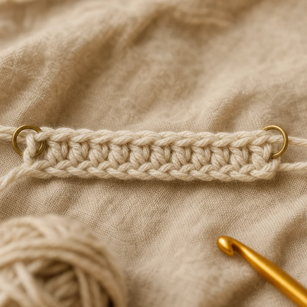 Gros plan de mains qui crochètent avec un marqueur de maille placé dans la première maille du rang