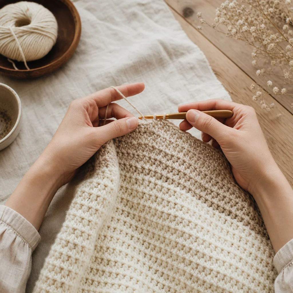 A crocheted swatch with slightly wavy edges lying flat on a linen surface next to a wooden hook
