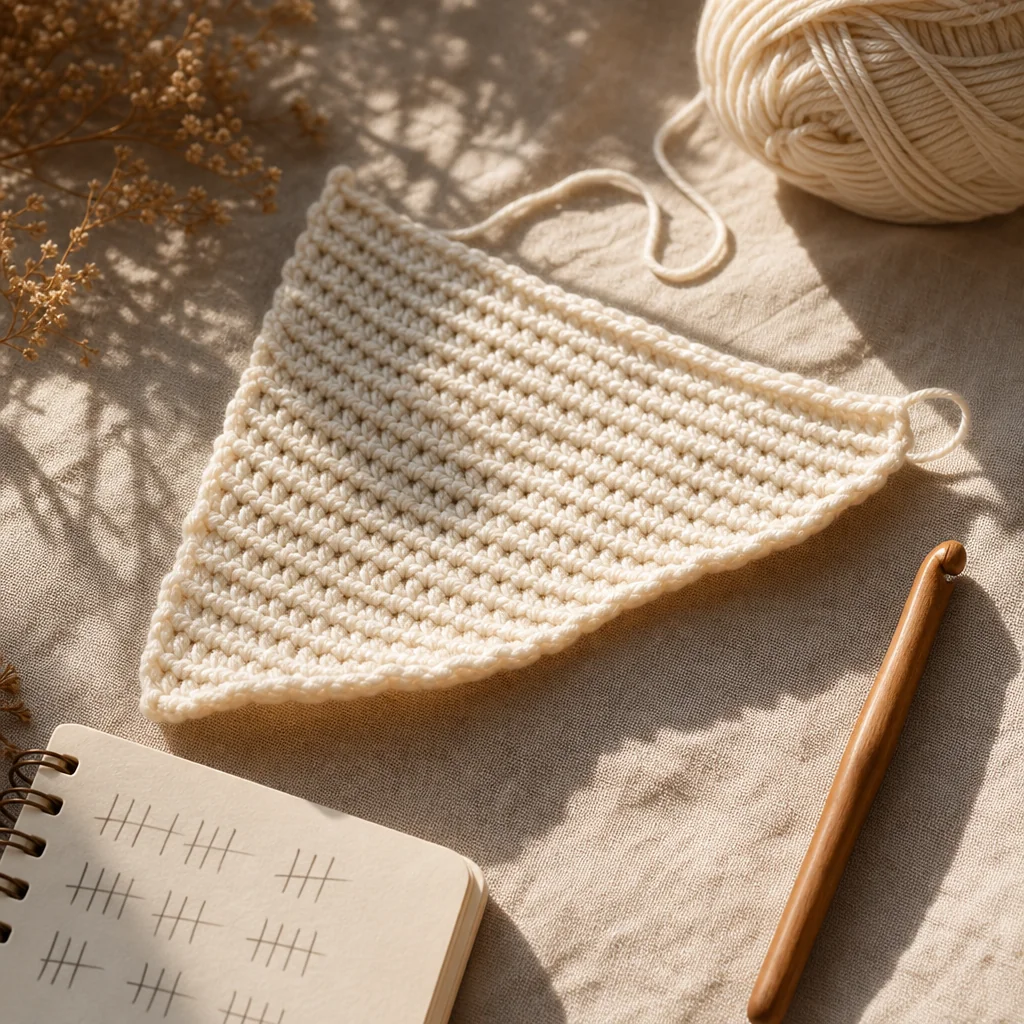 A crochet swatch with one edge slightly wider than the other, showing the early signs of an unintentional triangle shape.