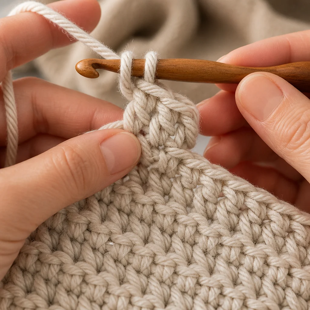 Gros plan d'un fil poids moyen étant crocheté, montrant la définition claire des points et l'échelle de l'épaisseur du fil, avec de la lumière naturelle chaude qui highlight la texture.